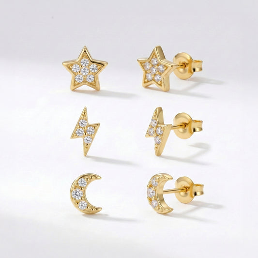 Miku Lightning, Moon & Star Stud Earrings Set | 18K Gold Plated