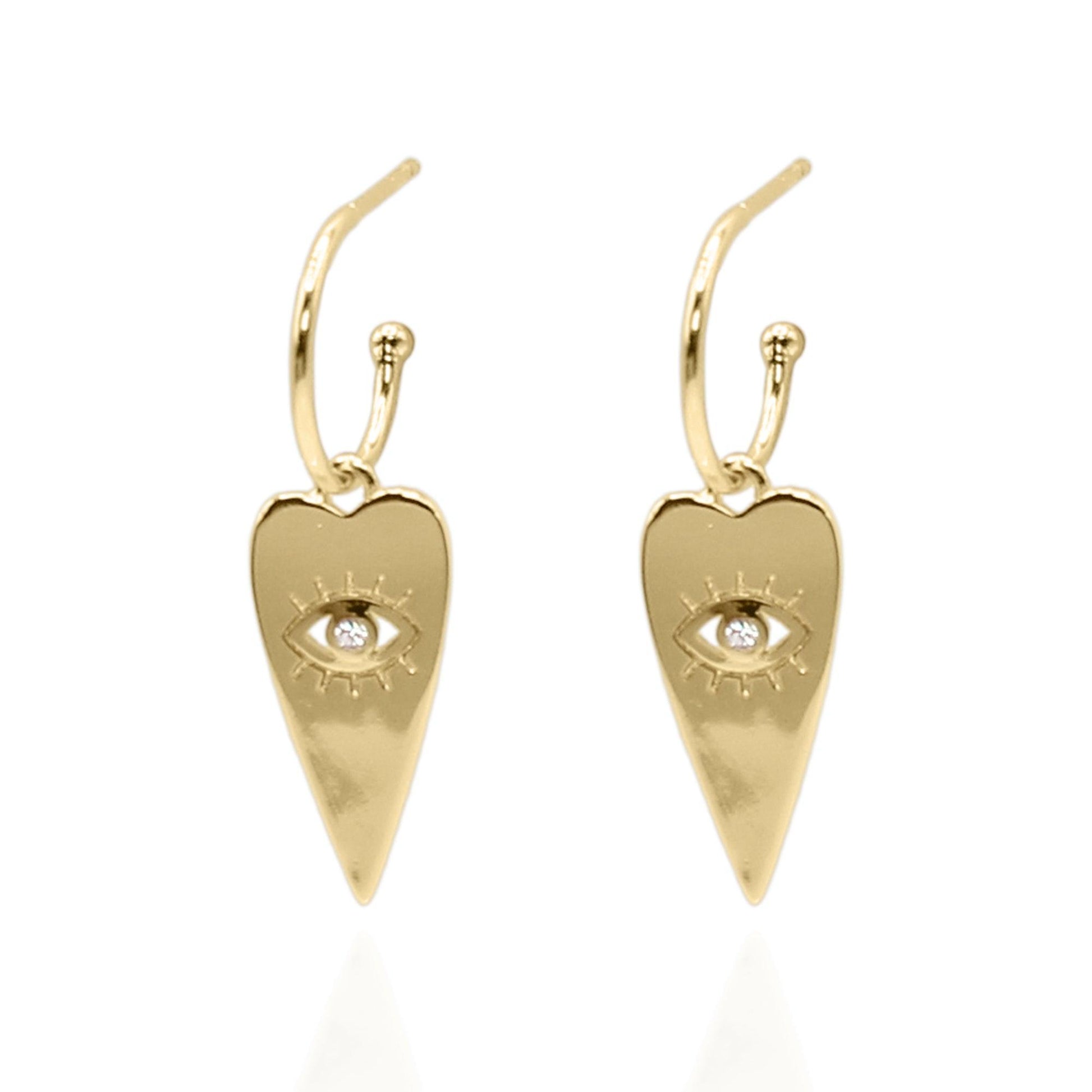 Orla Heart Drop Eye Charm Earrings | 14K Gold Plated - Luna Charles | Earrings, evil eye, eye, gold, heart, hoops, huggie, Jewellery | 