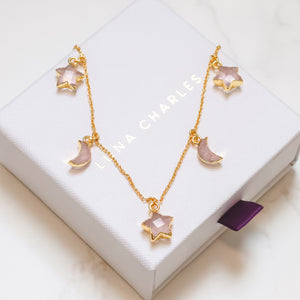 Adela Rose Quartz Star & Moon Charm Necklace | 18k Gold Plated