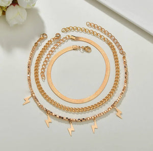 Adhira 3 Chain Lightning Anklet Set | 18k Gold Plated