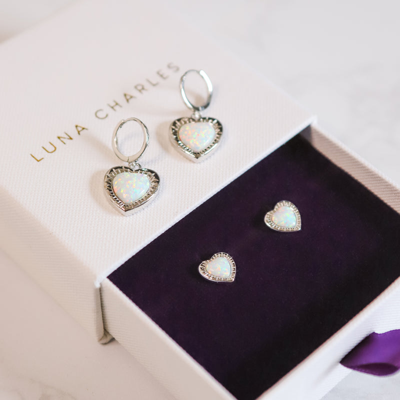 Opal Heart Earring Gift Set | Huggie Hoops & Stud Earrings | 925 Sterling Silver