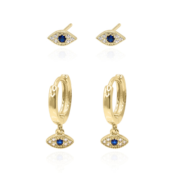 Evil Eye Earring Gift Set | Huggie Hoops & Stud Earrings | 18k Gold Plated