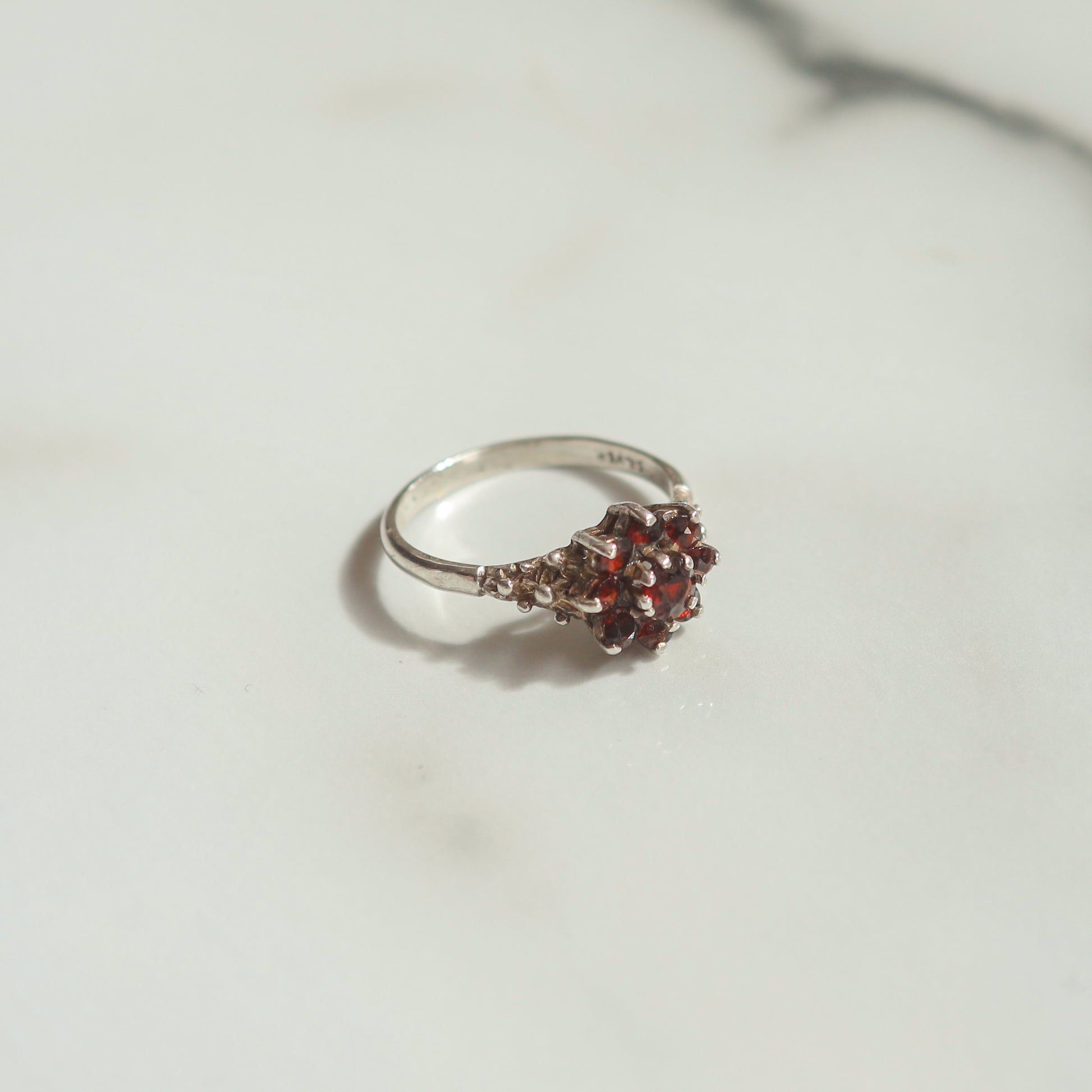 Vintage Alma Red Garnet Forget Me Not Ring | Size S | Sterling Silver