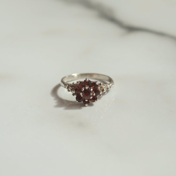 Vintage Alma Red Garnet Forget Me Not Ring | Size S | Sterling Silver