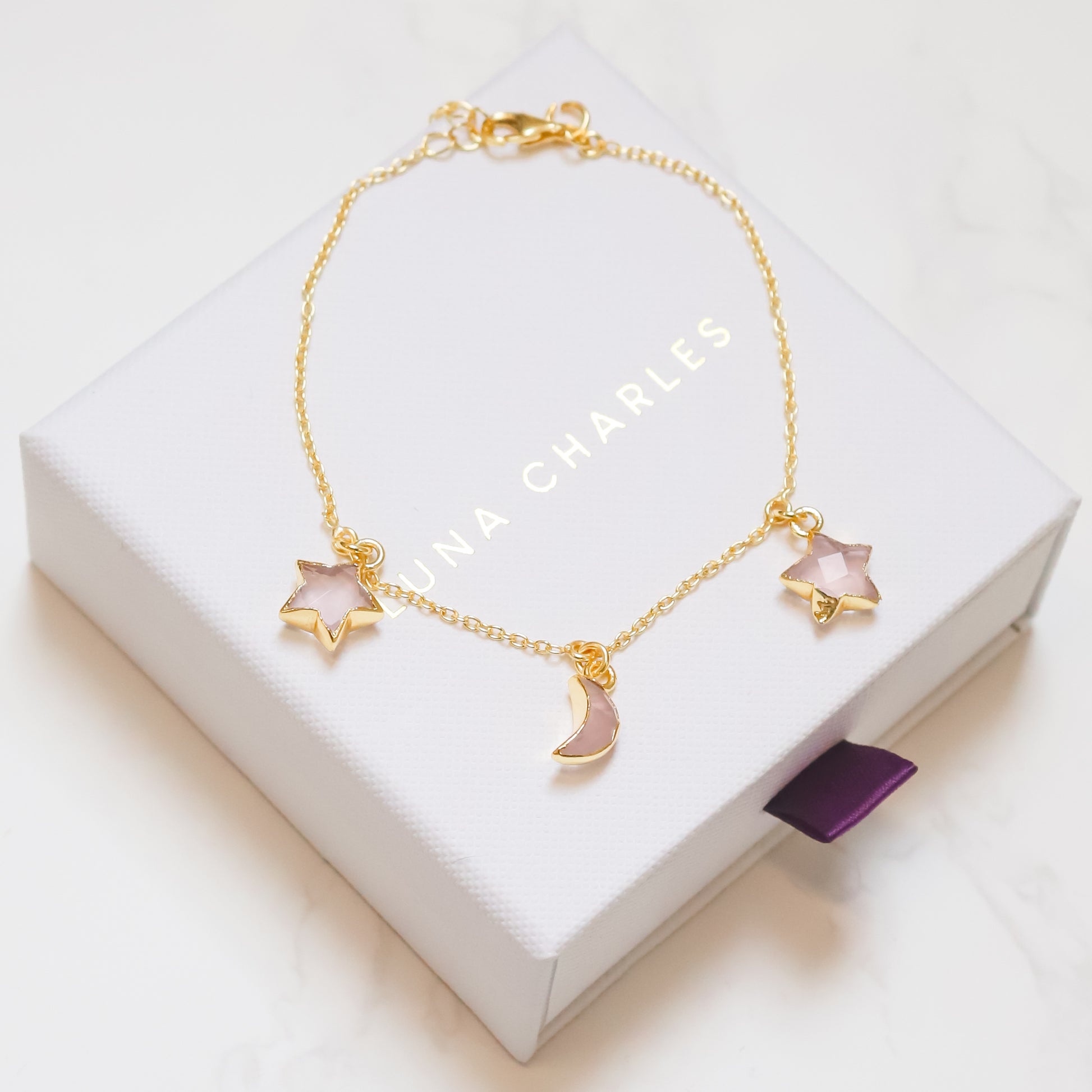 Amelia Rose Quartz Star & Moon Charm Bracelet | 18k Gold Plated