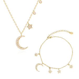 Moon & Star Charm Gift Set | Necklace & Bracelet | 18k Gold Plated
