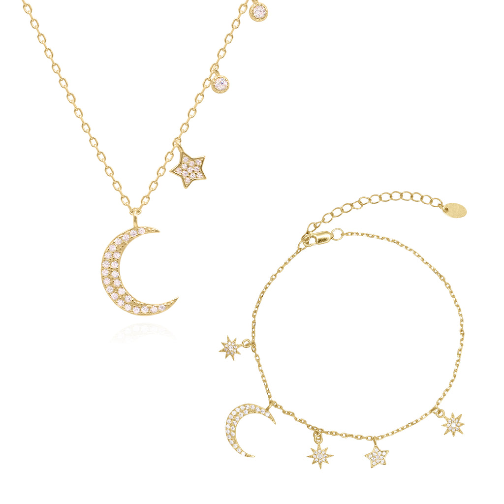 Moon & Star Charm Gift Set Necklace & Bracelet 18k Plated