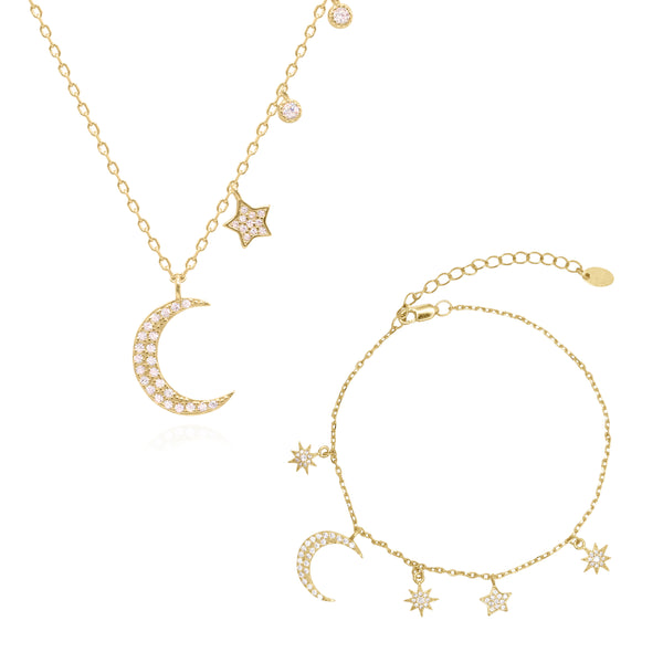 Moon & Star Charm Gift Set | Necklace & Bracelet | 18k Gold Plated