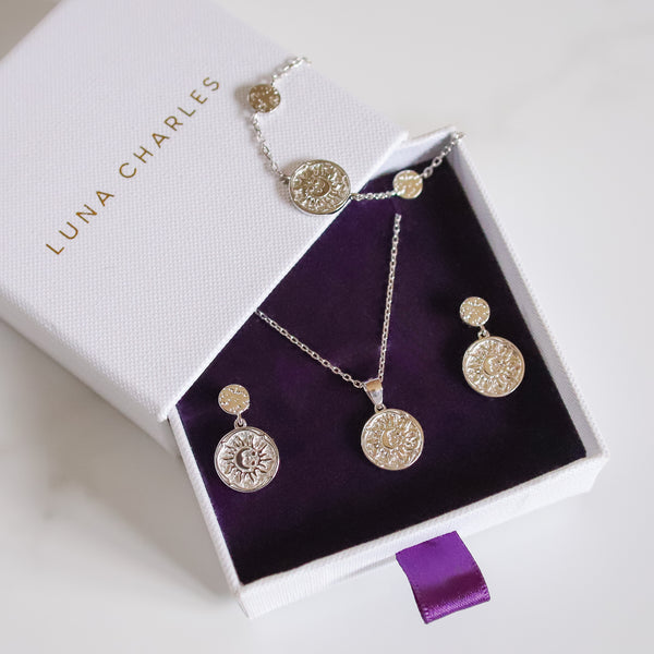 Sun Coin Gift Set | Necklace Earrings & Bracelet | 925 Sterling Silver