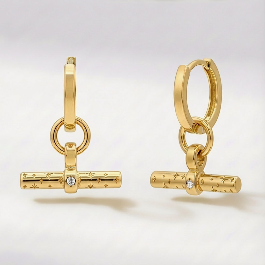 Cassia T Bar Huggie Earrings 18k Plated
