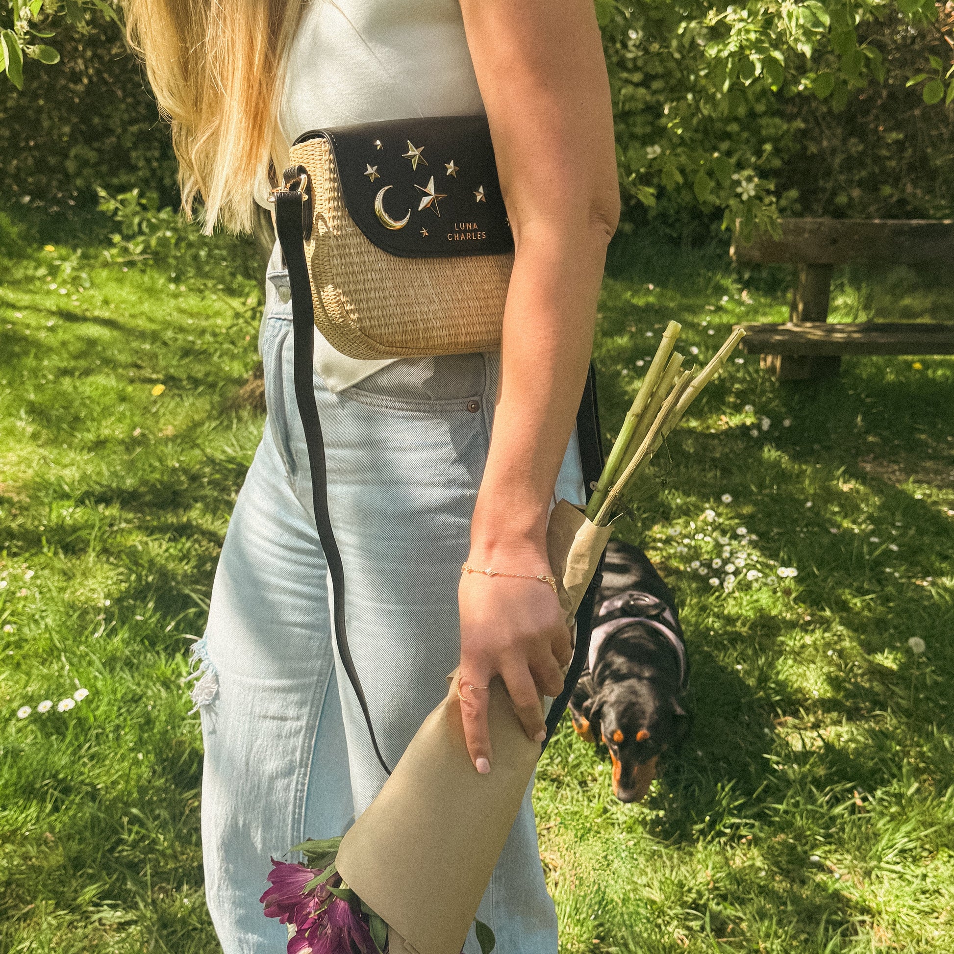 Elena Star Studded Rattan Handbag - Black & Gold