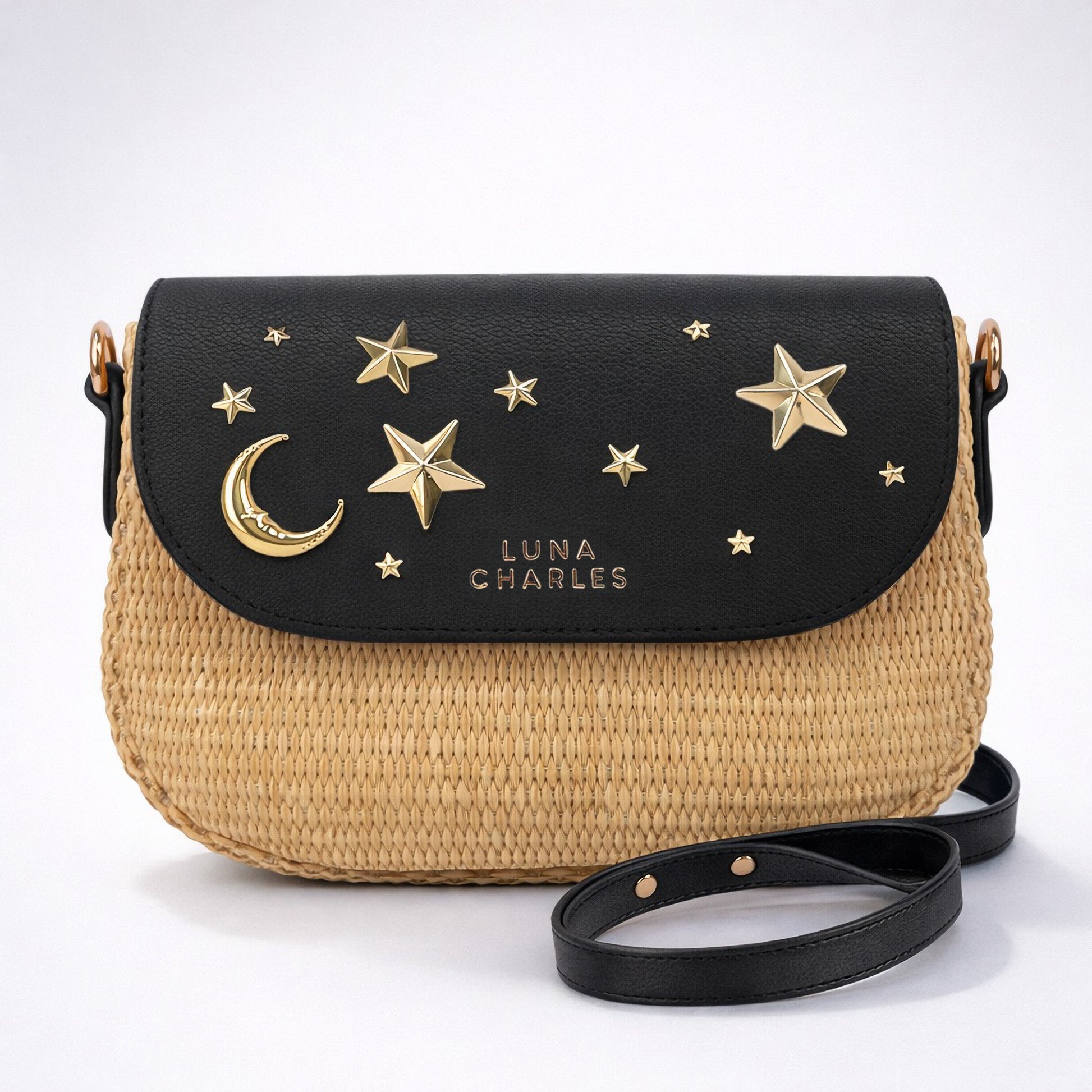 Elena Star Studded Rattan Handbag - Black & Gold