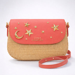 Elena Star Studded Rattan Handbag - Coral & Gold