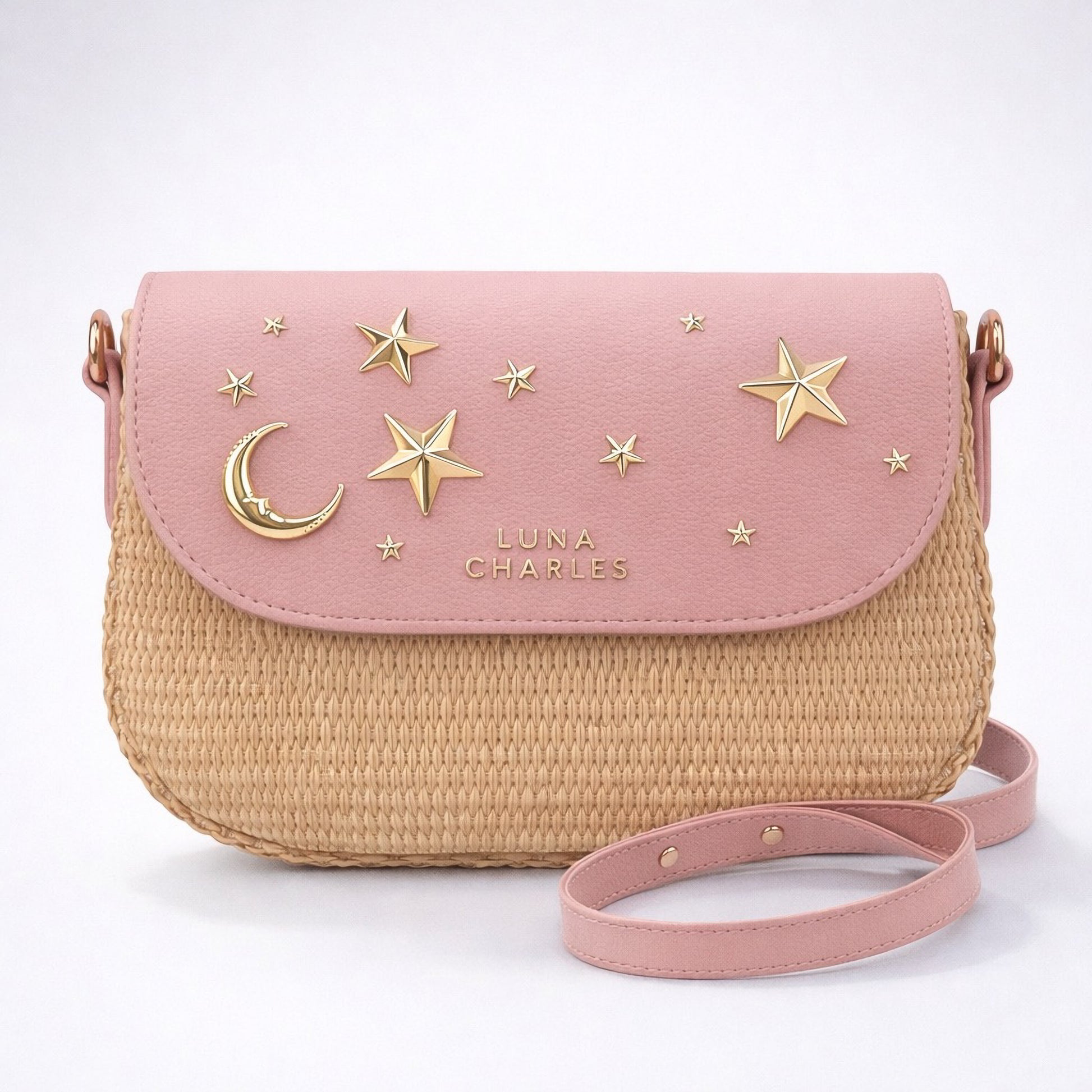 Elena Star Studded Rattan Handbag - Pink & Gold