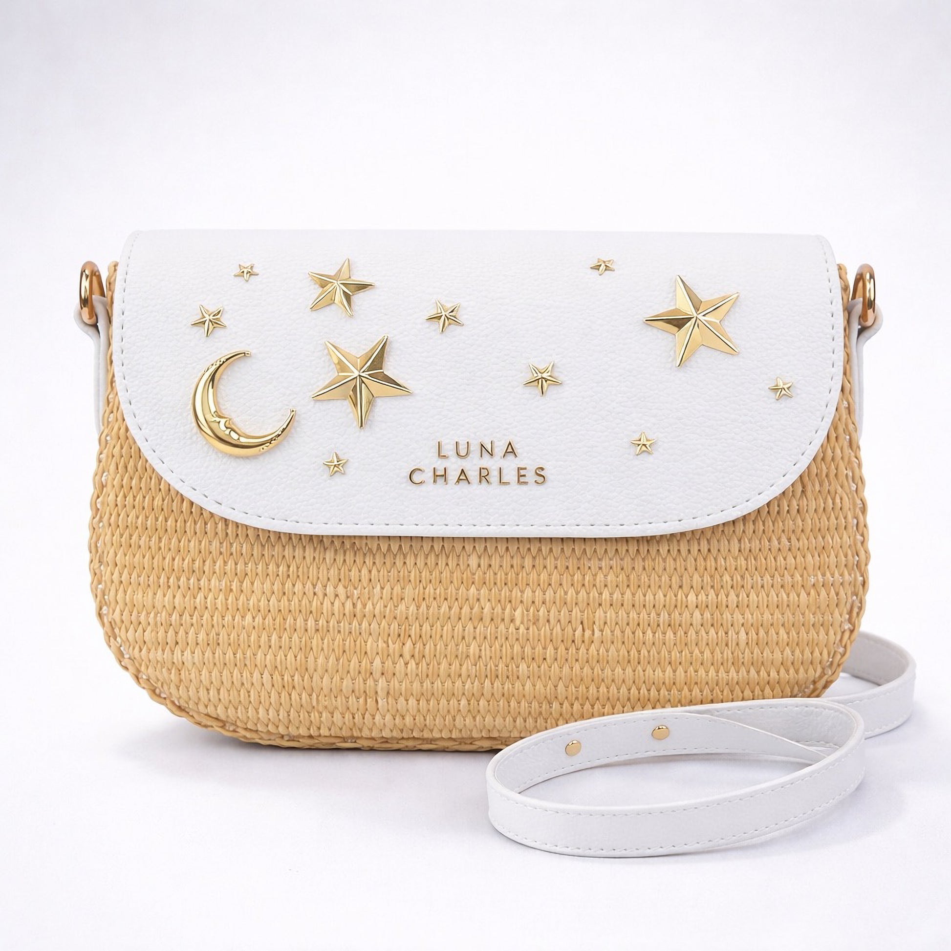 Elena Star Studded Rattan Handbag - White & Gold