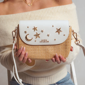 Elena Star Studded Rattan Handbag - White & Gold