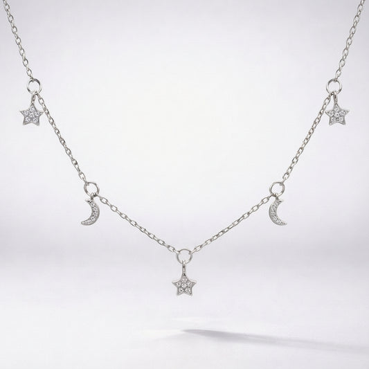 Elsie Star & Moon Charm Necklace | 925 Sterling Silver