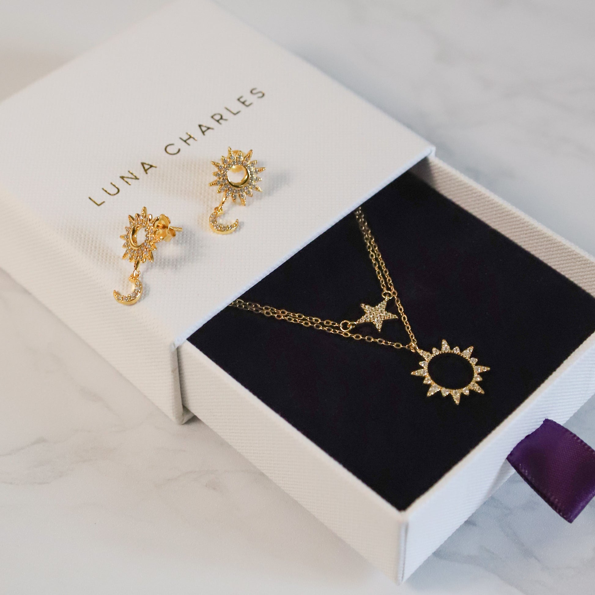 Sun & Star Gift Set | Necklace & Drop Earrings | 18k Gold Plated