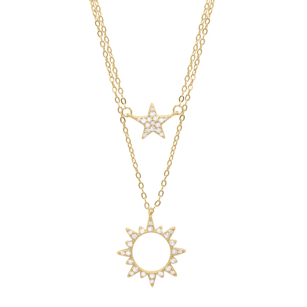 Everly Sun & Star Double Layer Necklace | 18k Gold Plated