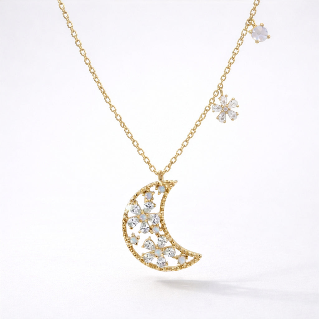 Flora Flower Moon Pendant Necklace 18k Plated