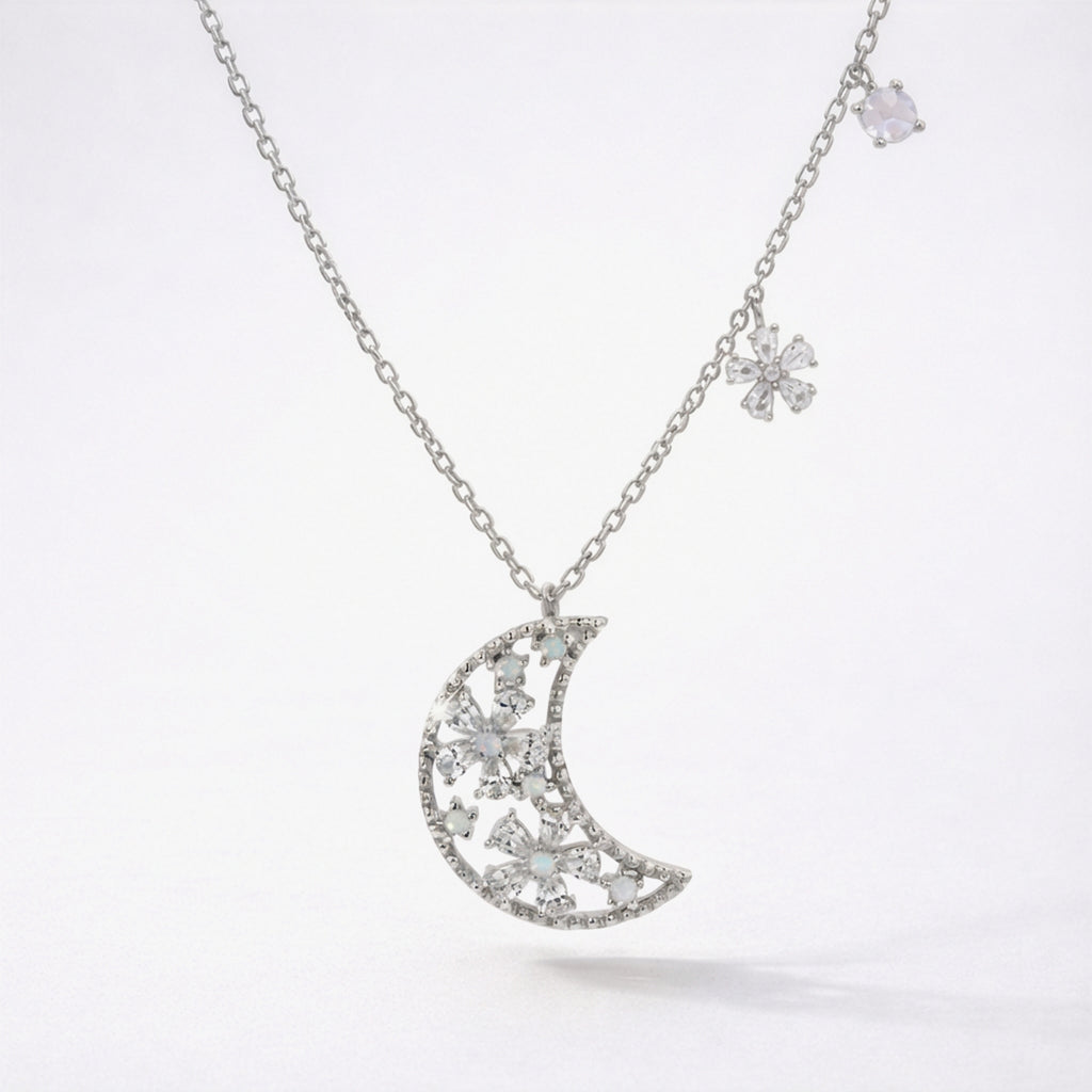 Flora Flower Moon Pendant Necklace 925 Sterling