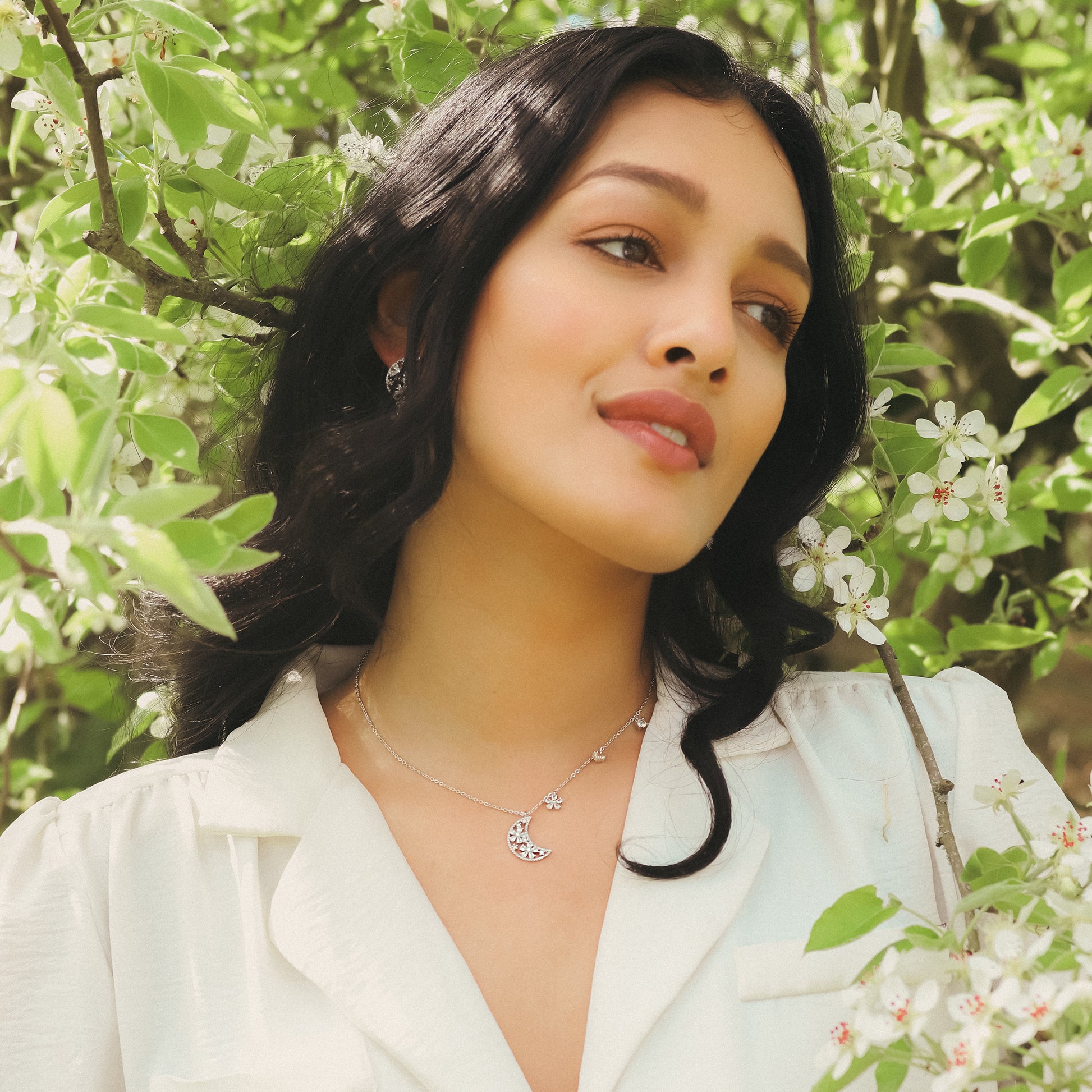 Flora Flower Moon Pendant Necklace | 925 Sterling Silver