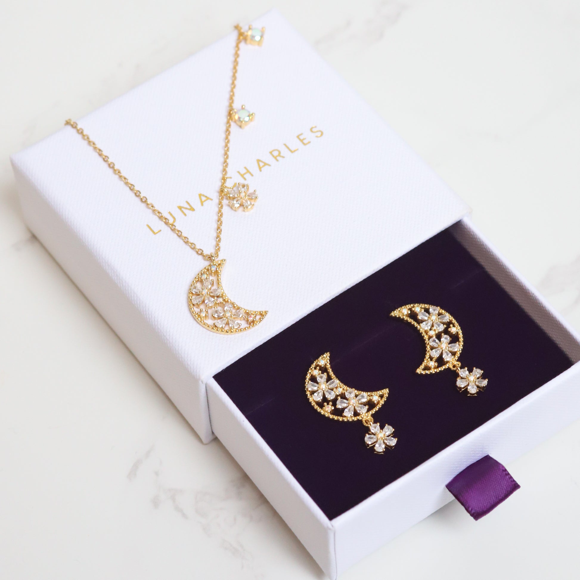 Flower Moon Gift Set | Necklace & Earrings | 18k Gold Plated