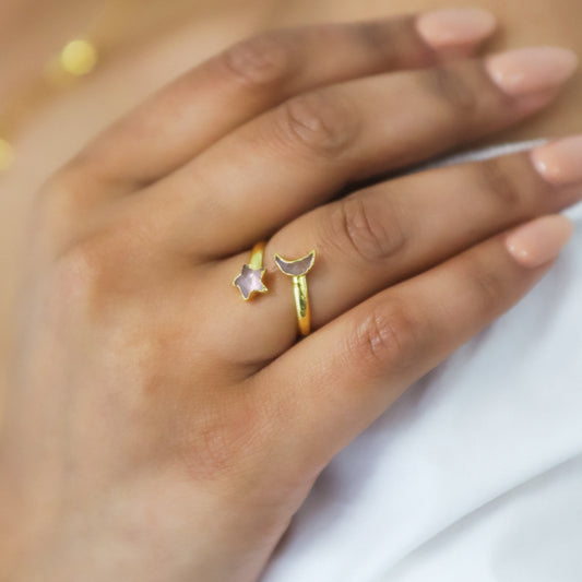 Isla Rose Quartz Moon & Star Ring | 18k Gold Plated