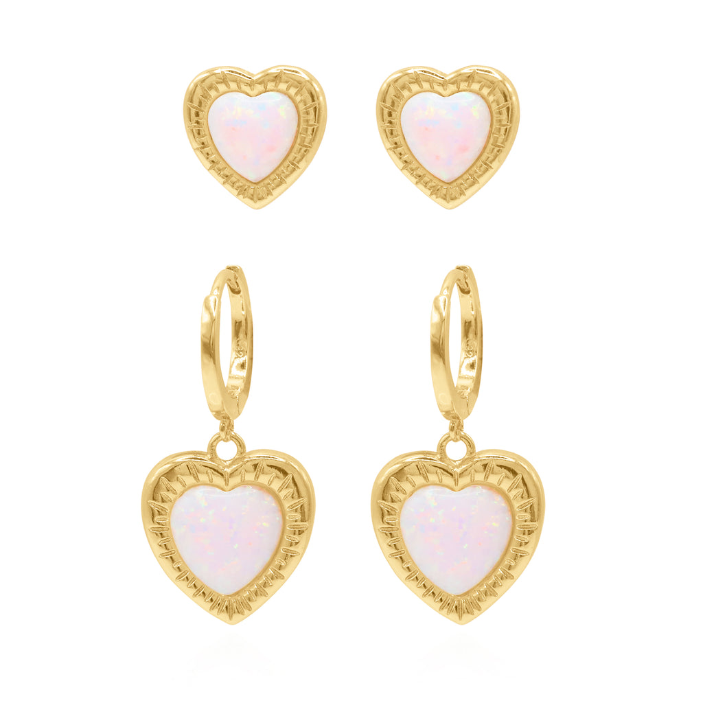 Opal Heart Earring Gift Set Huggie Hoops & Stud Earrings 18k Plated