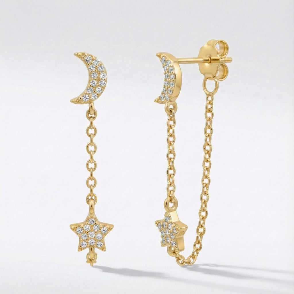 Imogen Moon & Star Drop Chain Earrings 18k Plated