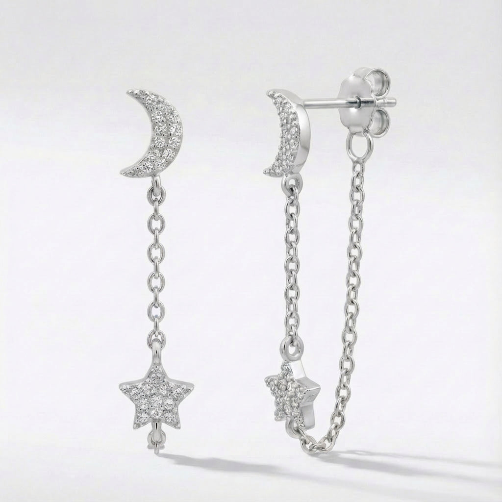 Imogen Moon & Star Drop Chain Earrings 925 Sterling