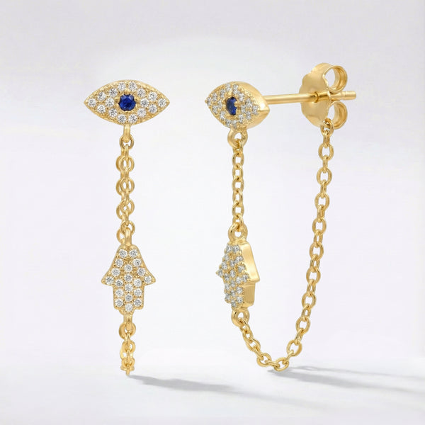 Iris Evil Eye Chain Drop Earrings | 18k Gold Plated