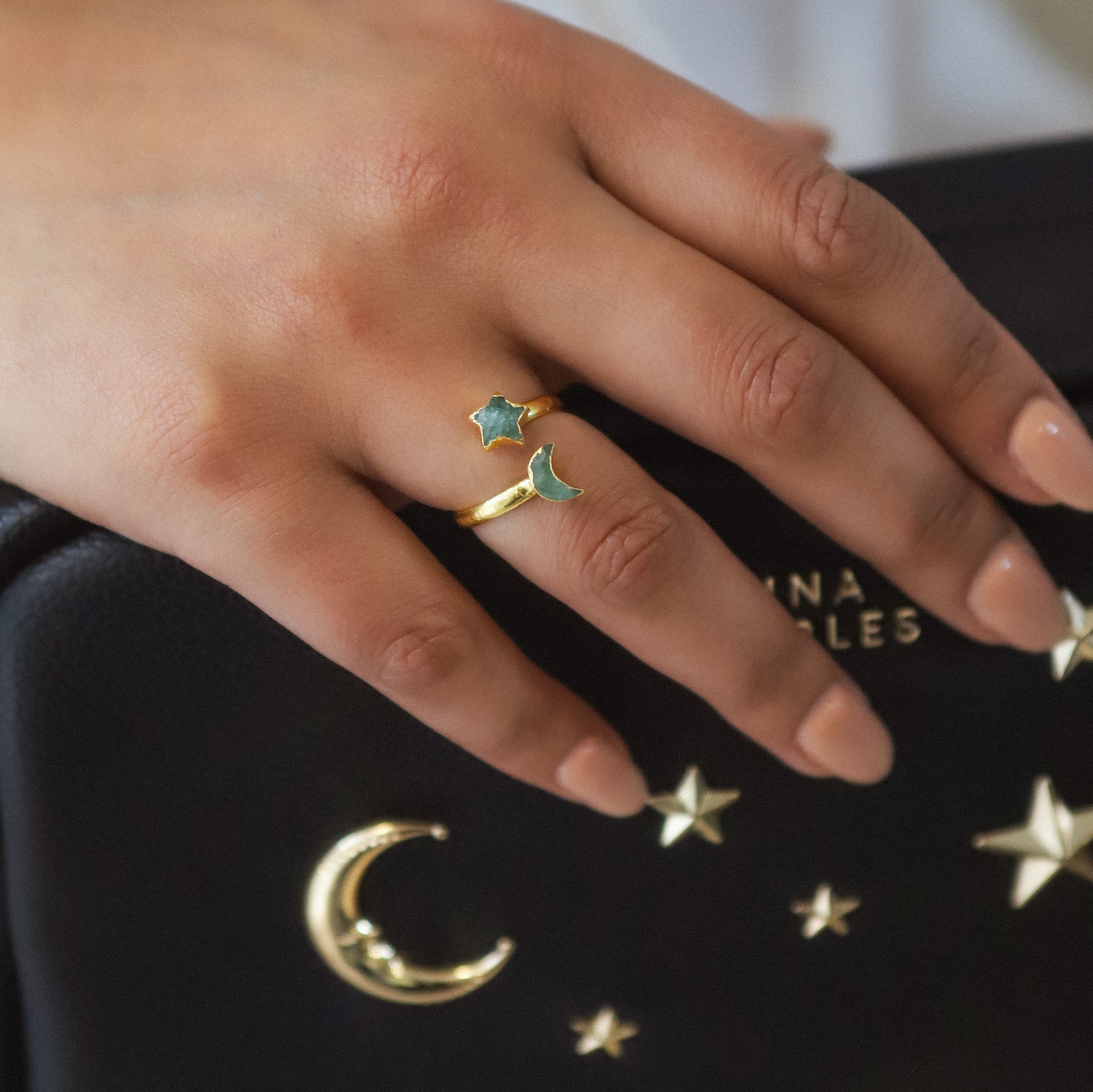 Isla Aventurine Moon & Star Ring | 18k Gold Plated