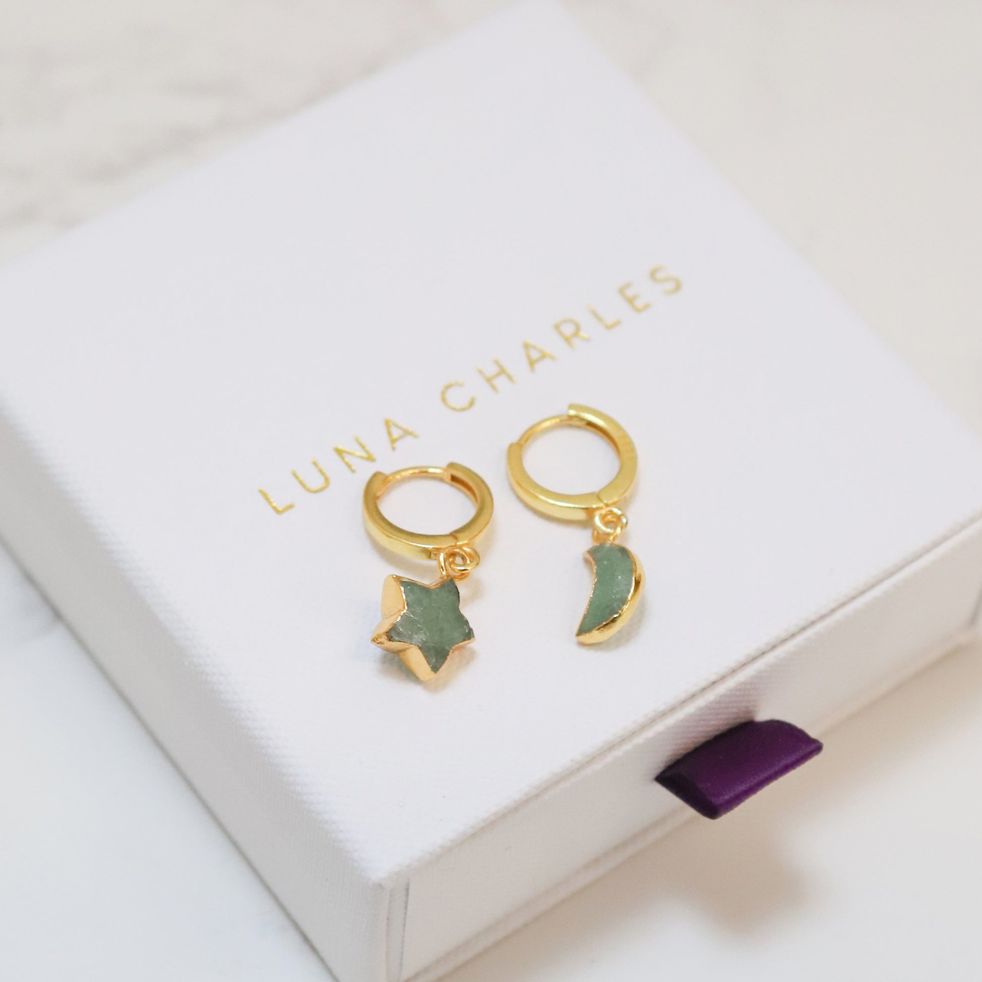 Joni Aventurine Star & Moon Charm Huggies | 18k Gold Plated