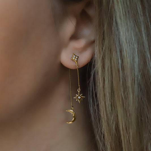 Karita Moon & Star Double Chain Earrings | 18k Gold Plated