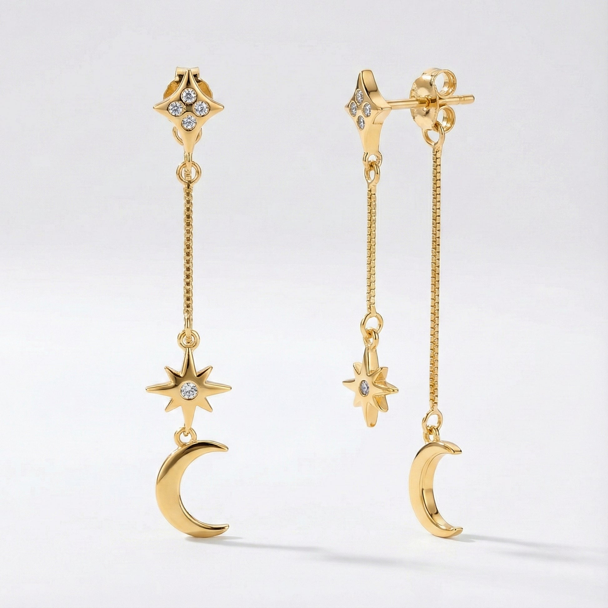 Karita Moon & Star Double Chain Earrings | 18k Gold Plated
