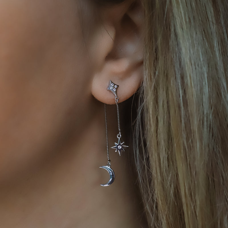 Karita Moon & Star Double Chain Earrings | 925 Sterling Silver