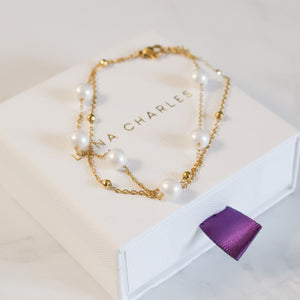 Mari Double Chain Pearl Anklet | 18k Gold Plated
