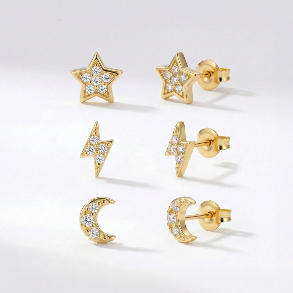 Miku Lightning Moon & Star Stud Earrings Set 18K Plated