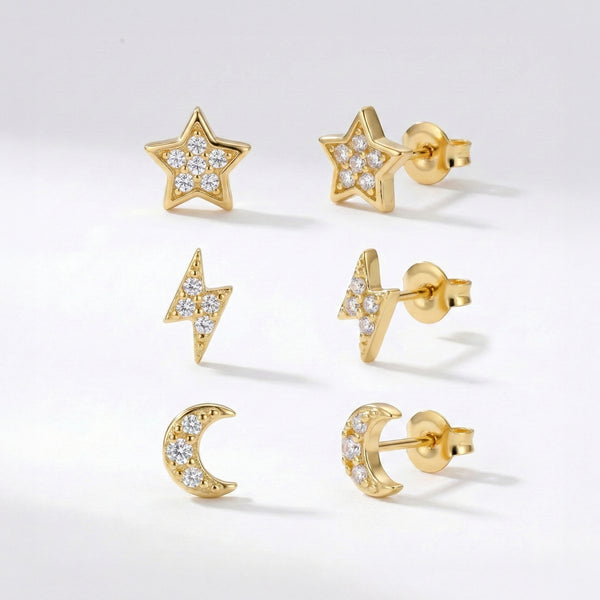 Miku Lightning, Moon & Star Stud Earrings Set | 18K Gold Plated