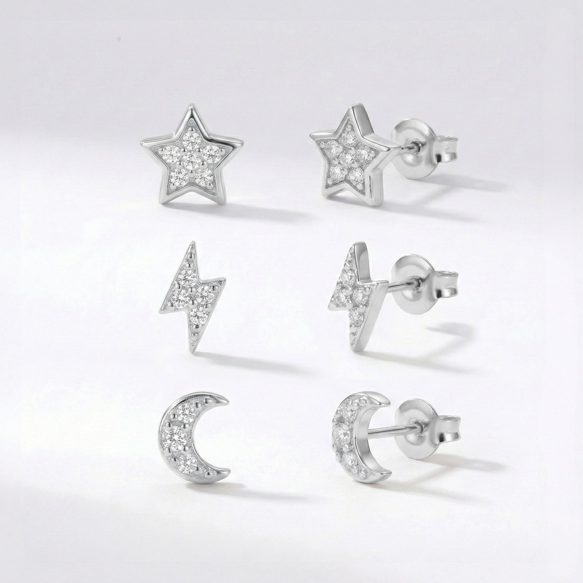 Miku Lightning, Moon & Star Stud Earrings Set | 925 Sterling Silver