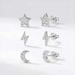 Miku Lightning, Moon & Star Stud Earrings Set | 925 Sterling Silver