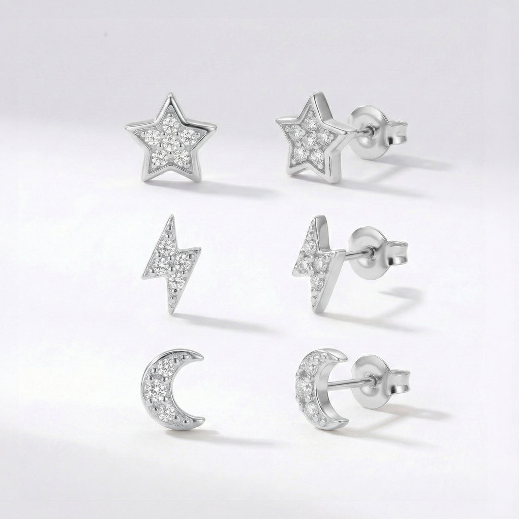 Miku Lightning Moon & Star Stud Earrings Set 925 Sterling