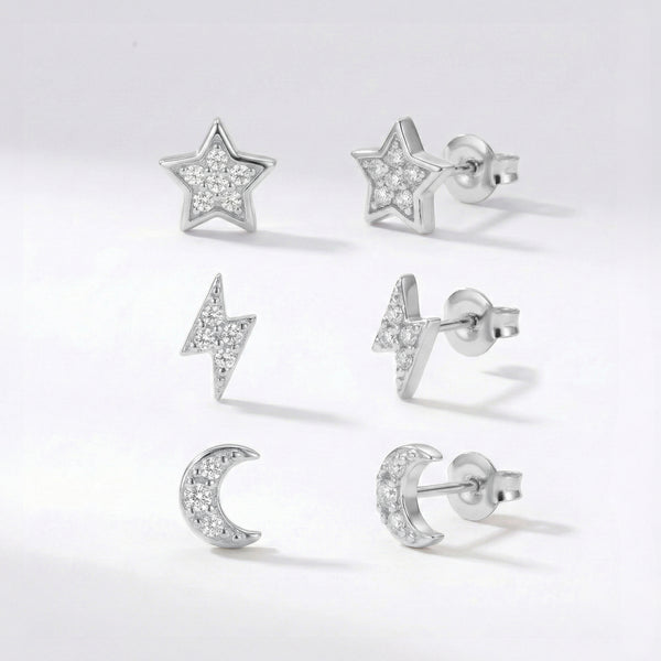Miku Lightning, Moon & Star Stud Earrings Set | 925 Sterling Silver