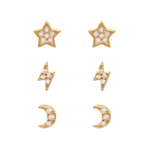 Miku Lightning, Moon & Star Stud Earrings Set | 18K Gold Plated
