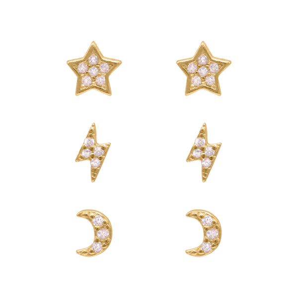 Miku Lightning, Moon & Star Stud Earrings Set | 18K Gold Plated