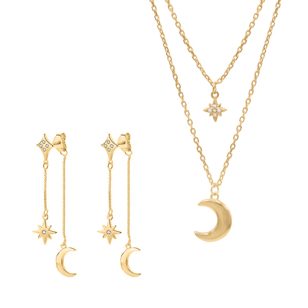 Moon & Star Layering Gift Set | Necklace & Earrings | 18k Gold Plated