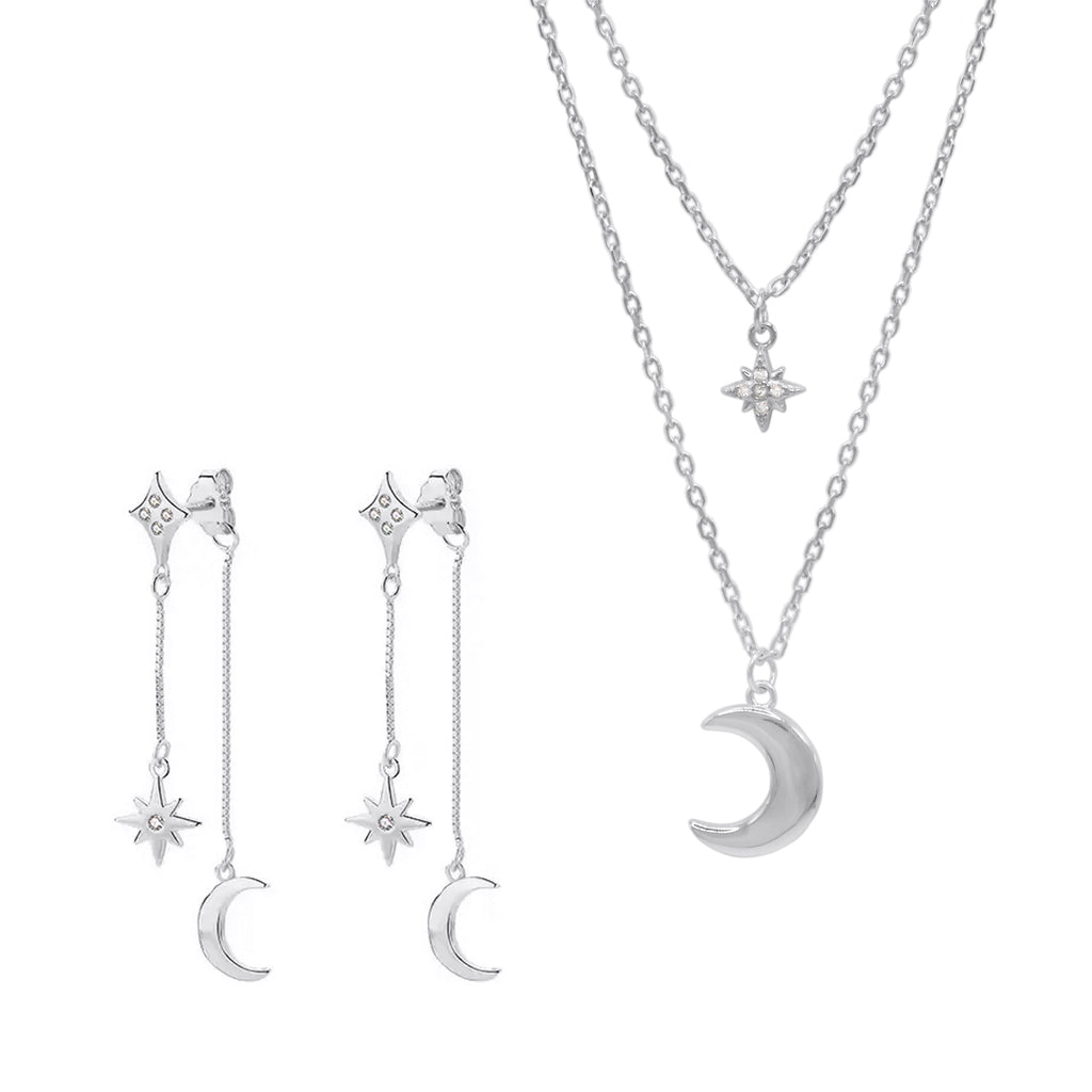 Moon & Star Layering Gift Set Necklace & Earrings 925 Sterling