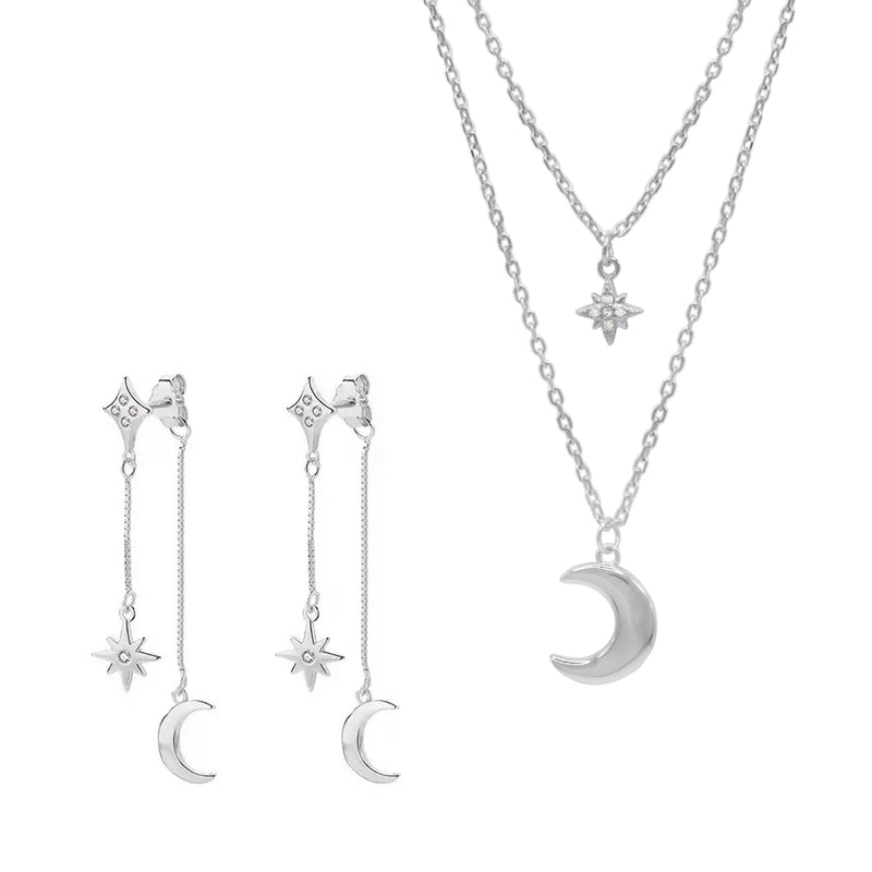 Moon & Star Layering Gift Set | Necklace & Earrings | 925 Sterling Silver