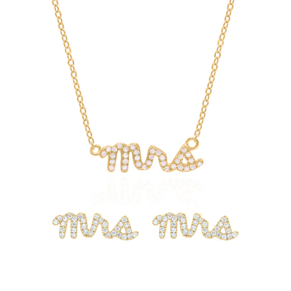 Bride 'Mrs' Gift Set | Earrings & Necklace | 18k Gold Plated